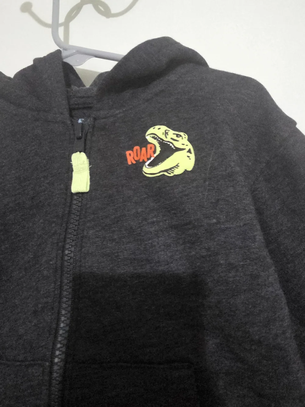 Kids Dark Gray Zip Hoodie with Neon Green Dino Accent